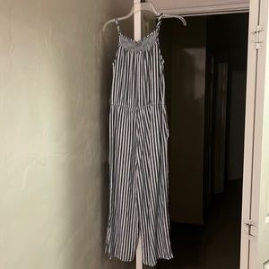 Blue/gray and white striped, long romper.